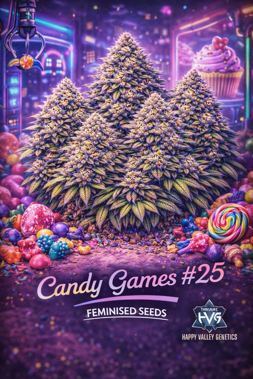 A realistic Candy Games #25 cannabis plant cluster surrounded by colourful sweets in a neon arcade setting, with the strain name and Happy Valley Genetics logo visible.