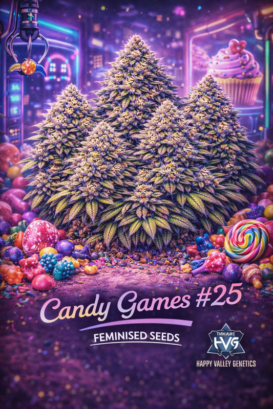 A realistic Candy Games #25 cannabis plant cluster surrounded by colourful sweets in a neon arcade setting, with the strain name and Happy Valley Genetics logo visible.