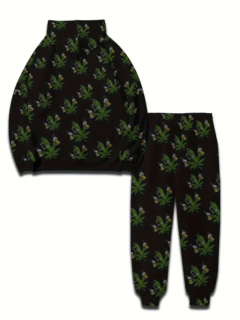 Funny cartoon cannabis leaf beer tracksuit worn as black streetwear set in the UK with matching hoodie and joggers 4