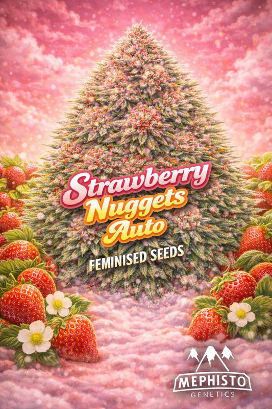 strawberry nuggets auto feminised seeds image — hyper-realistic frosty cannabis plant with pink-red tinted buds, vibrant strawberry-themed background, ripe strawberries and soft pink haze surrounding the plant, bold pink and yellow strain name text, mephisto genetics logo, uk-compliant promotional artwork for laughing leaf seeds