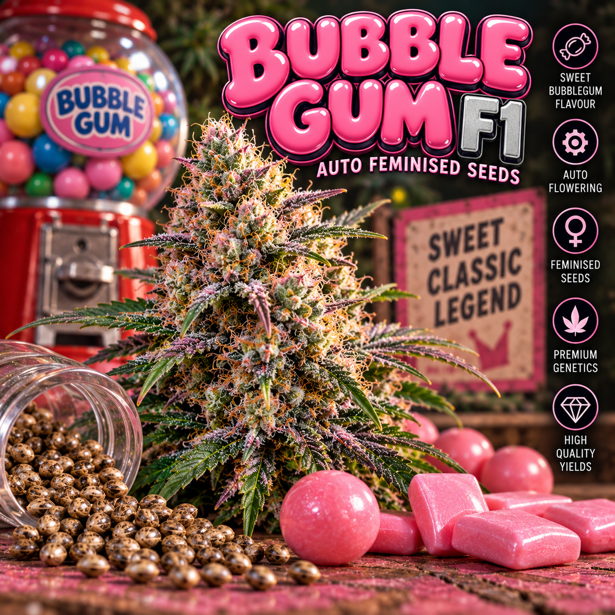 Bubble Gum F1 Auto Feminised Seeds promotional image featuring a frosty cannabis plant surrounded by pink bubble gum, colourful gumballs and scattered seeds, with bold pink strain branding.