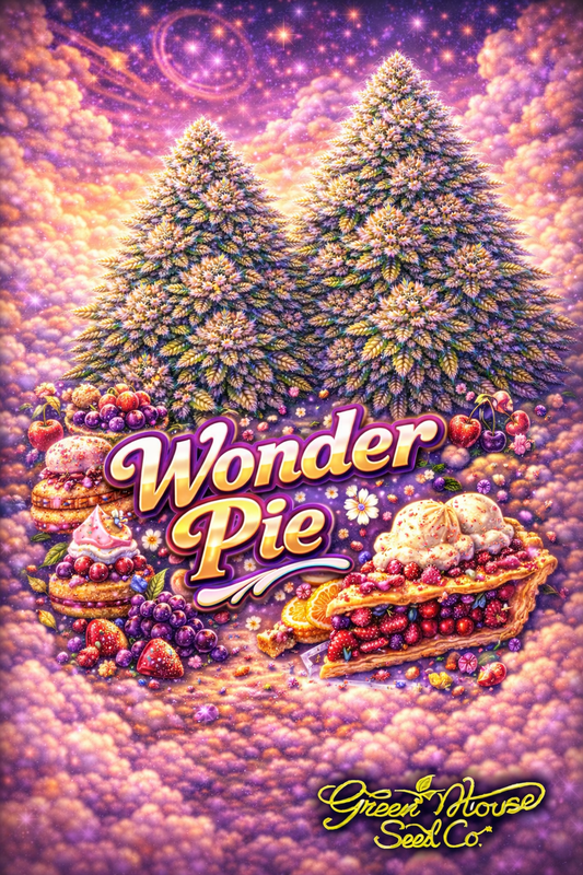 Hyper-realistic promotional artwork for Wonder Pie Feminised Seeds by Greenhouse Seed Co., featuring two dense frosty cannabis plants under a purple cosmic sky, surrounded by dessert elements including berry pie, ice cream, macarons, cherries, and grapes, with bold strain text and the Greenhouse Seed Co. logo at the bottom.