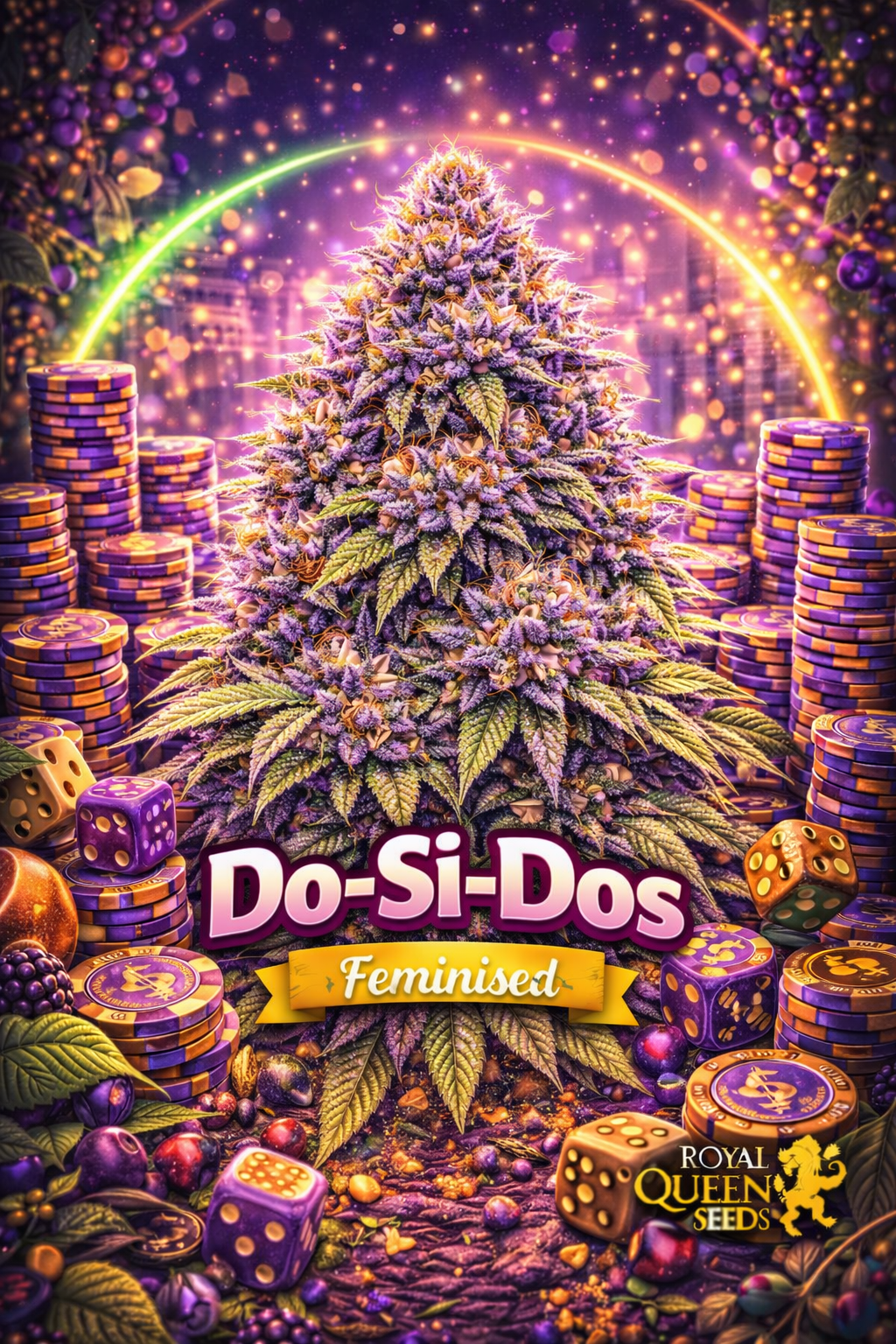Do-Si-Dos Feminised cannabis plant in a neon casino-themed promo scene with poker chips, glowing dice, vibrant purple lighting, and Royal Queen Seeds branding.