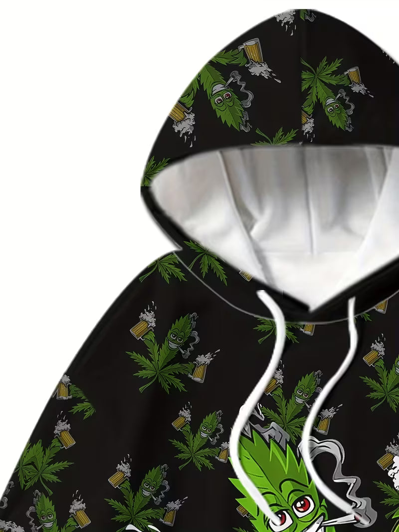 Funny cartoon cannabis leaf beer tracksuit worn as black streetwear set in the UK with matching hoodie and joggers 5