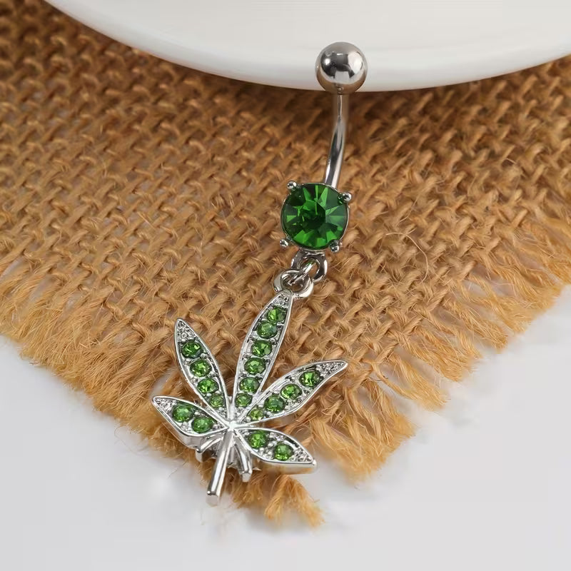 Green crystal cannabis leaf belly button ring with silver-tone barbell and dangling leaf pendant