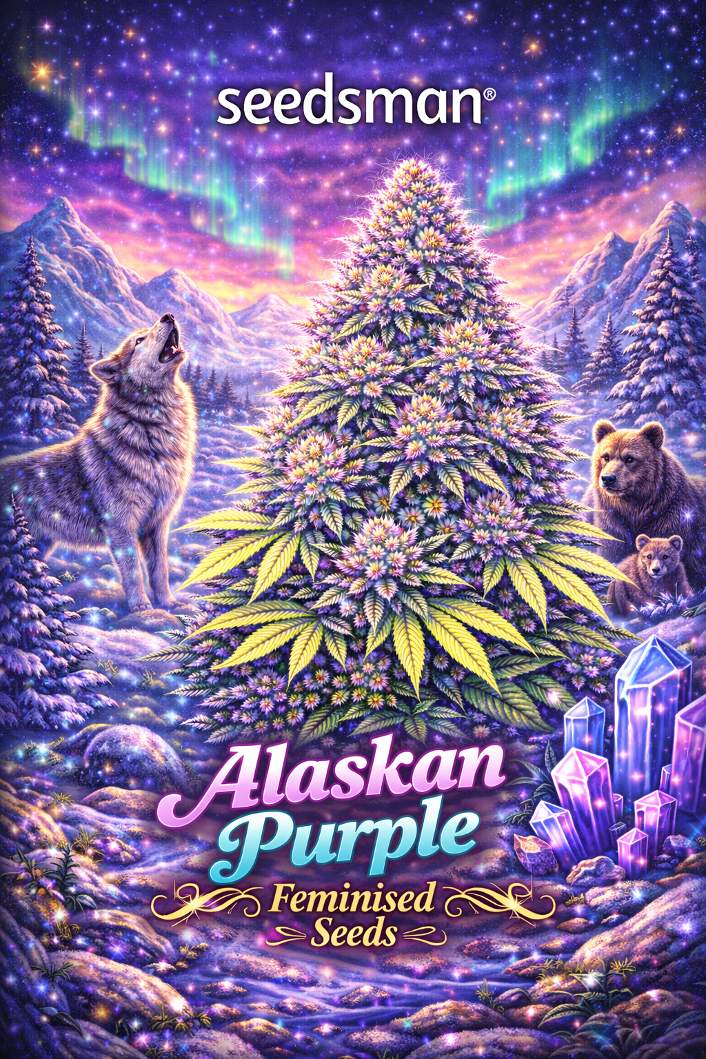 Alaskan Purple Feminised cannabis plant promotional artwork with frosty purple-toned buds, snowy Alaskan forest landscape, aurora borealis sky, howling wolf, bear and cub, glowing crystals, Seedsman logo, and bold radiant strain name at the bottom