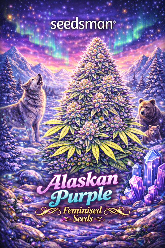 Alaskan Purple Feminised cannabis plant promotional artwork with frosty purple-toned buds, snowy Alaskan forest landscape, aurora borealis sky, howling wolf, bear and cub, glowing crystals, Seedsman logo, and bold radiant strain name at the bottom