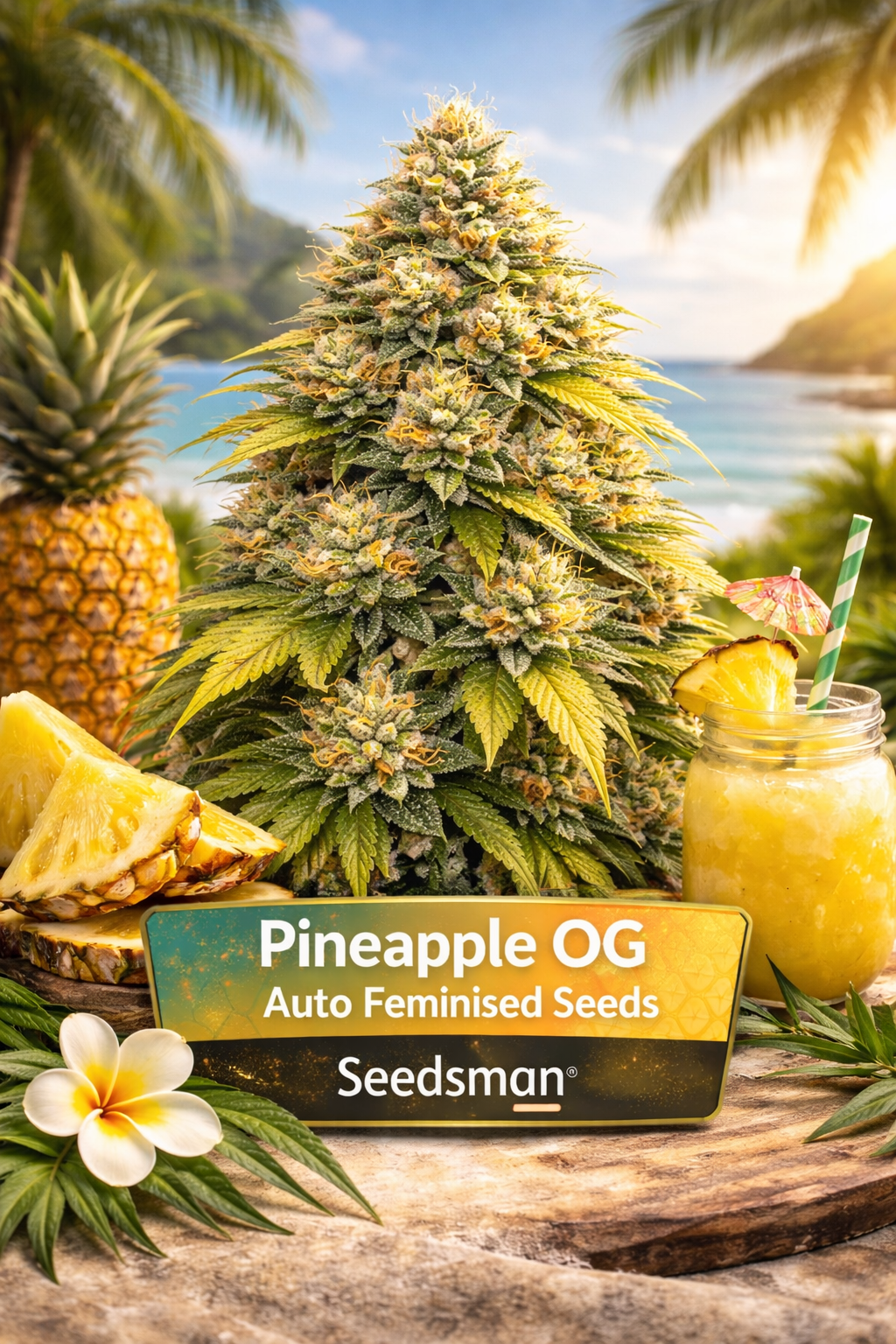 Pineapple OG Auto Feminised cannabis plant by Seedsman, shown as a compact autoflower with a single dominant cola and dense, resin-coated yellow-green buds, photographed in a bright tropical pineapple-themed setting with fresh pineapple fruit, palm foliage and warm sunlight, featuring clear strain name and breeder branding.