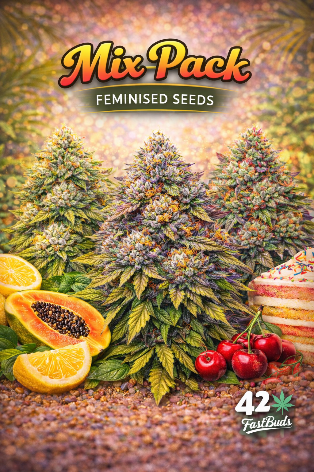A vibrant Fast Buds Mix Pack image showing three different frosty cannabis plants surrounded by assorted fruits, with the Mix Pack title and Fast Buds logo visible.