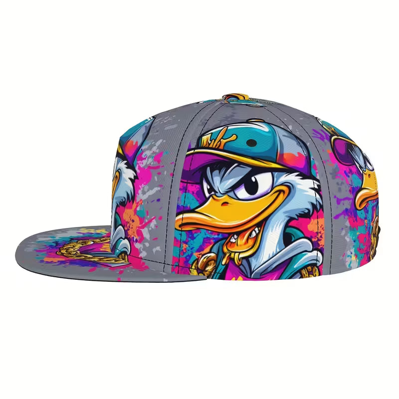 Graffiti-style cartoon duck snapback cap with colourful street art design and flat brim
