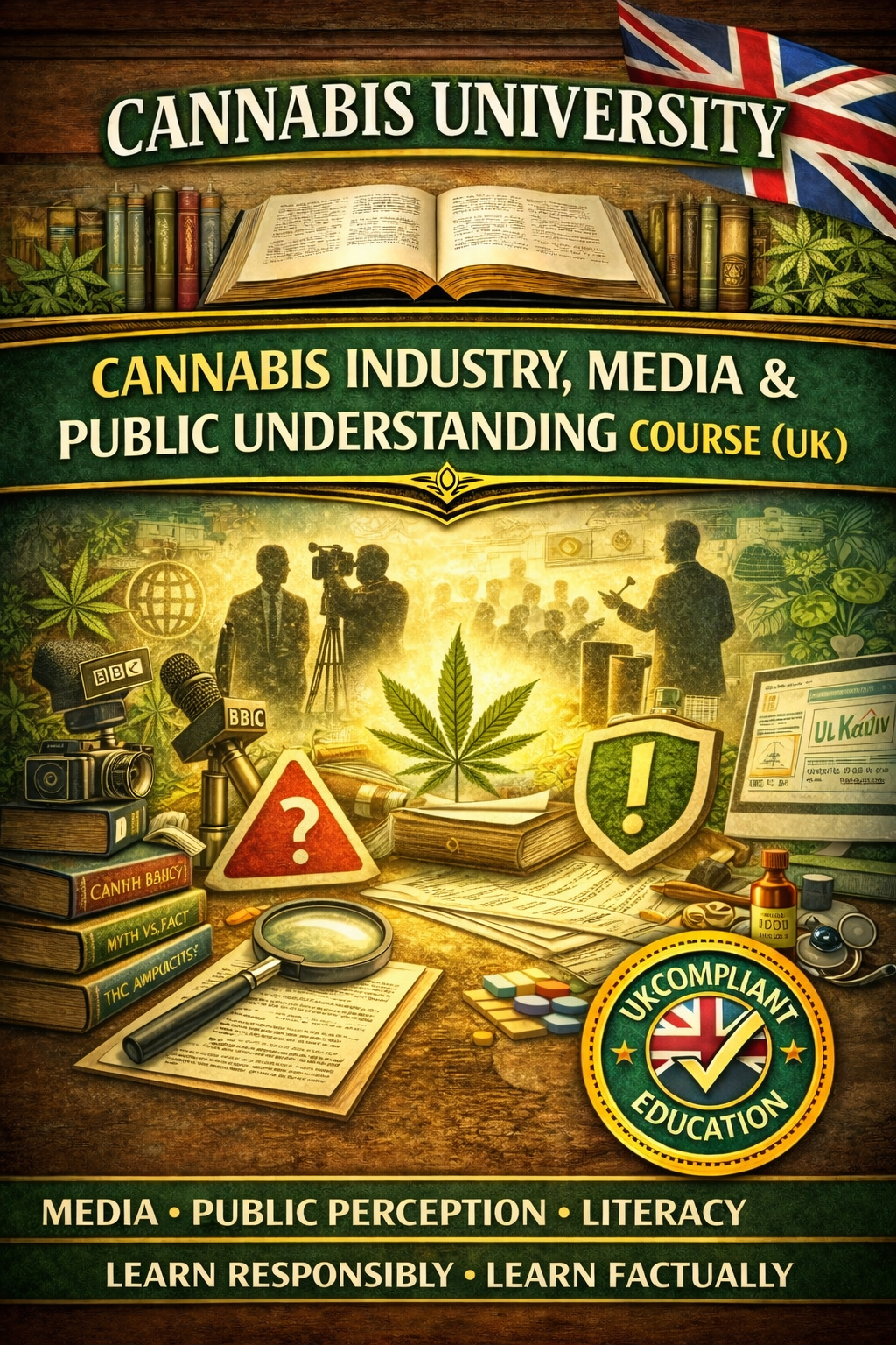 Advanced Cannabis University course image highlighting UK cannabis education, ethical responsibility, research-based learning, and compliant academic study.