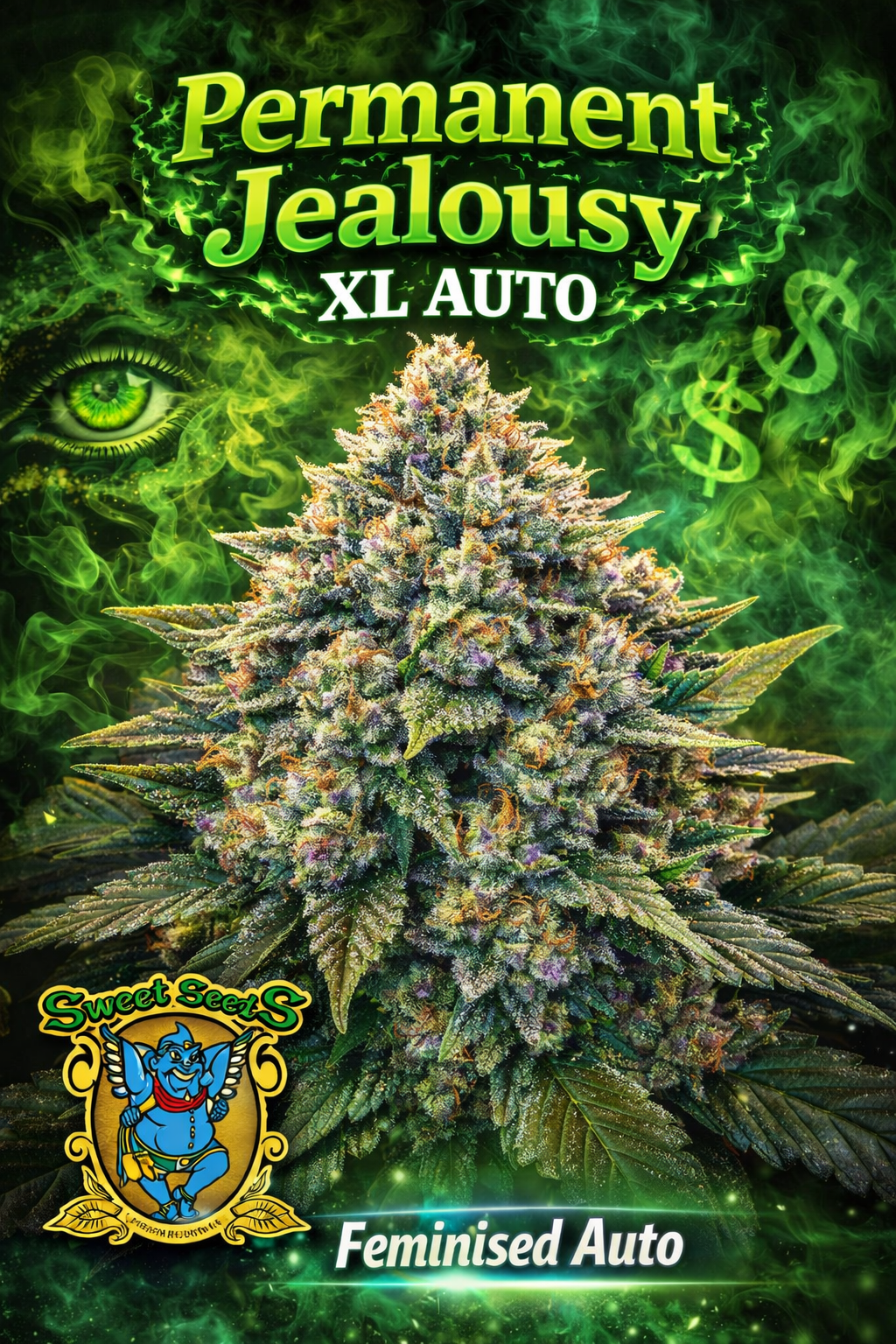 Hyper-realistic Permanent Jealousy XL Auto Feminised cannabis plant with a dense resin-coated XL bud structure, vibrant green and purple tones, smoke effects, glowing green eye motif, and “Permanent Jealousy XL Auto – Feminised Auto – Sweet Seeds” branding in a bold neon theme.
