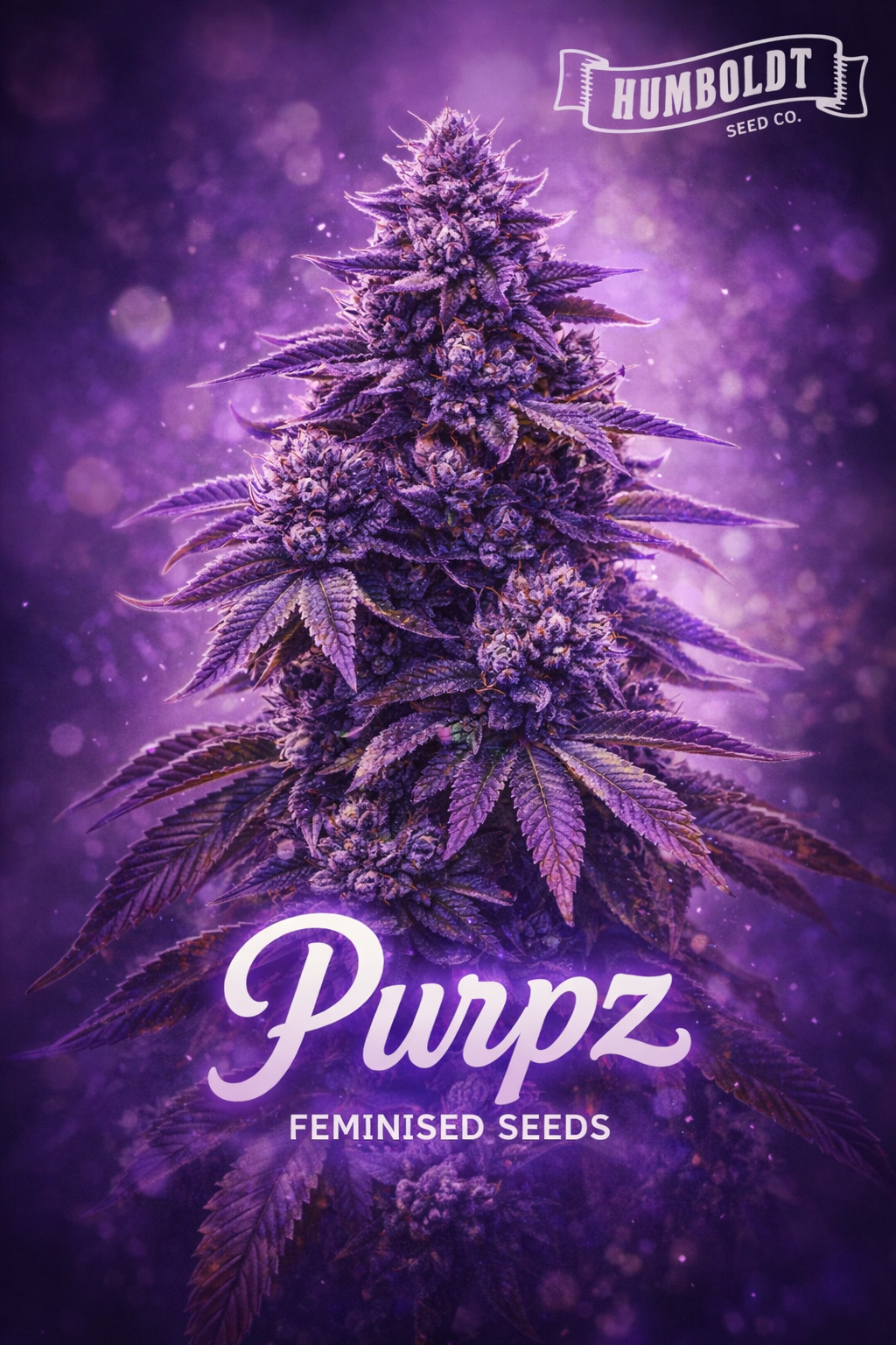 Purpz Feminised Seeds product image showing a hyper-realistic deep purple cannabis plant with frosty trichomes, set against a glowing purple haze background with the Humboldt Seed Co. logo and bold Purpz strain title.