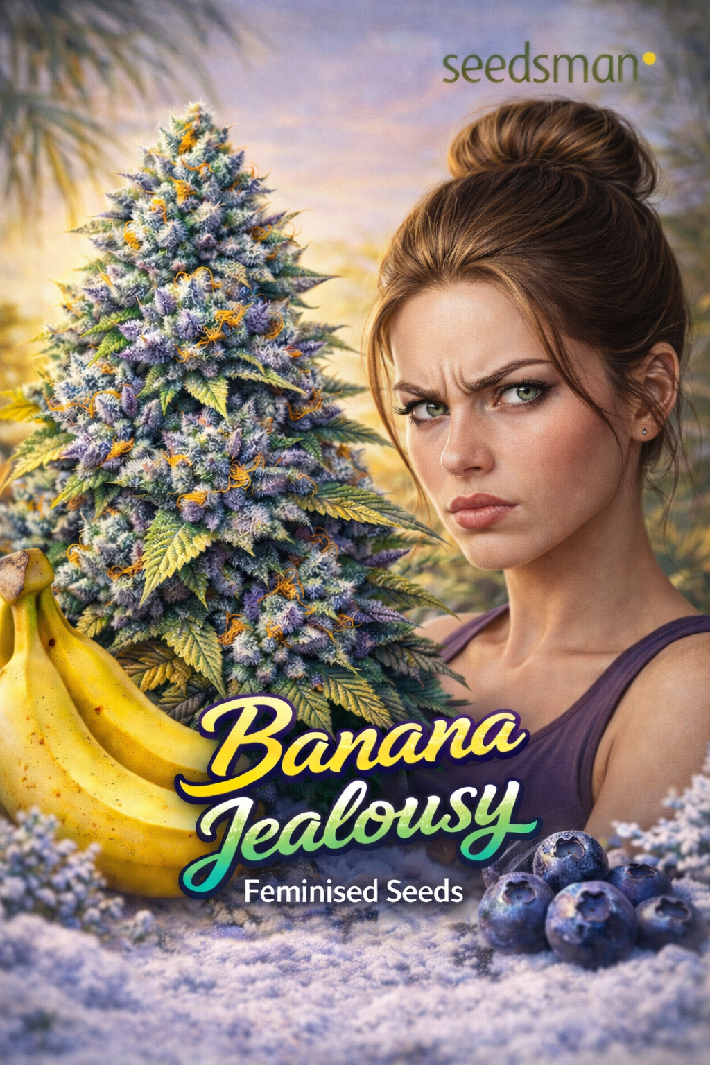 banana jealousy feminised seeds artwork featuring a hyper realistic jealous-looking woman beside a frosty cannabis plant with bananas and blueberries and the seedsman logo
