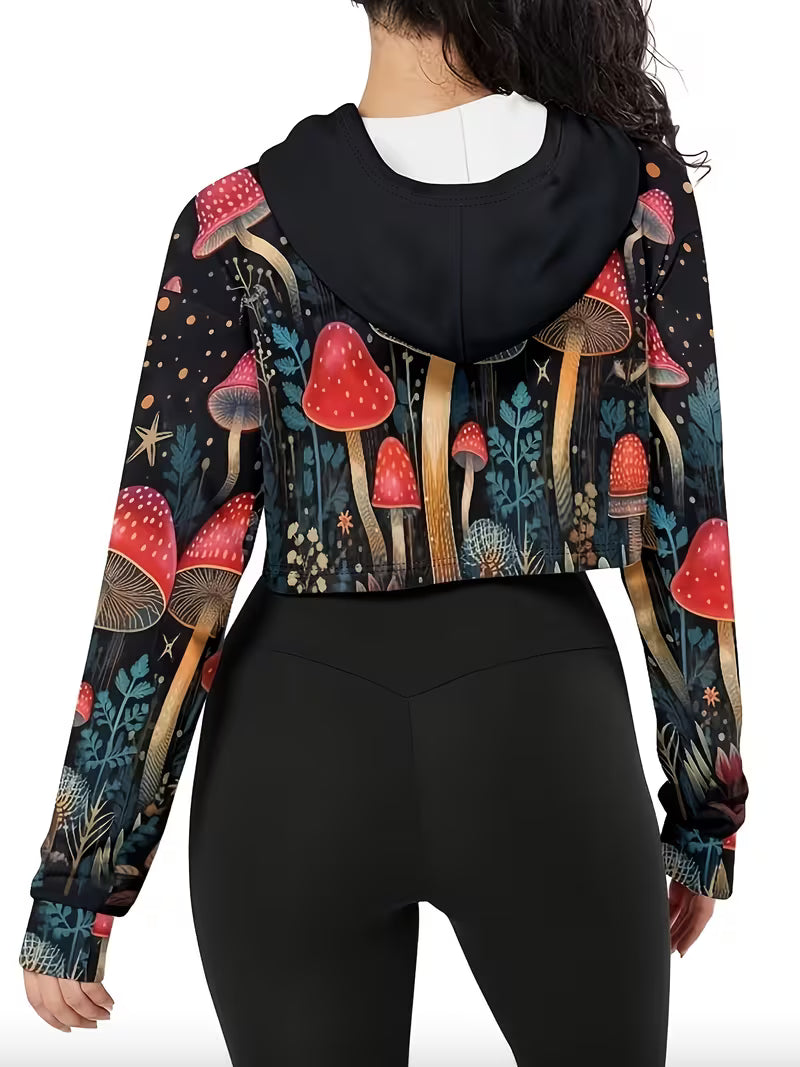 Psychedelic mushroom cropped hoodie with red toadstool forest festival design pic 3