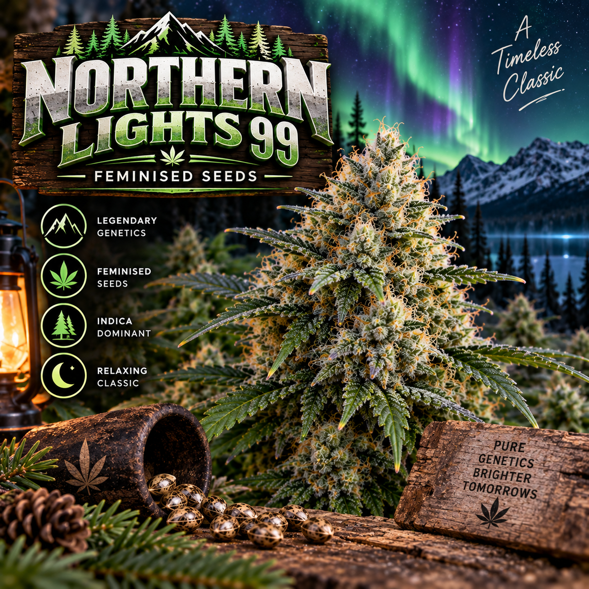 Northern Lights 99 Feminised Seeds promotional image featuring a dense, resin-covered cannabis flower beneath colourful Northern Lights, with snowy mountains, pine forest and scattered cannabis seeds.