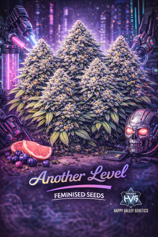 A realistic Another Level cannabis plant cluster in a neon cyberpunk setting with robots, glowing machinery, and sliced fruit, with the strain name and Happy Valley Genetics logo visible.