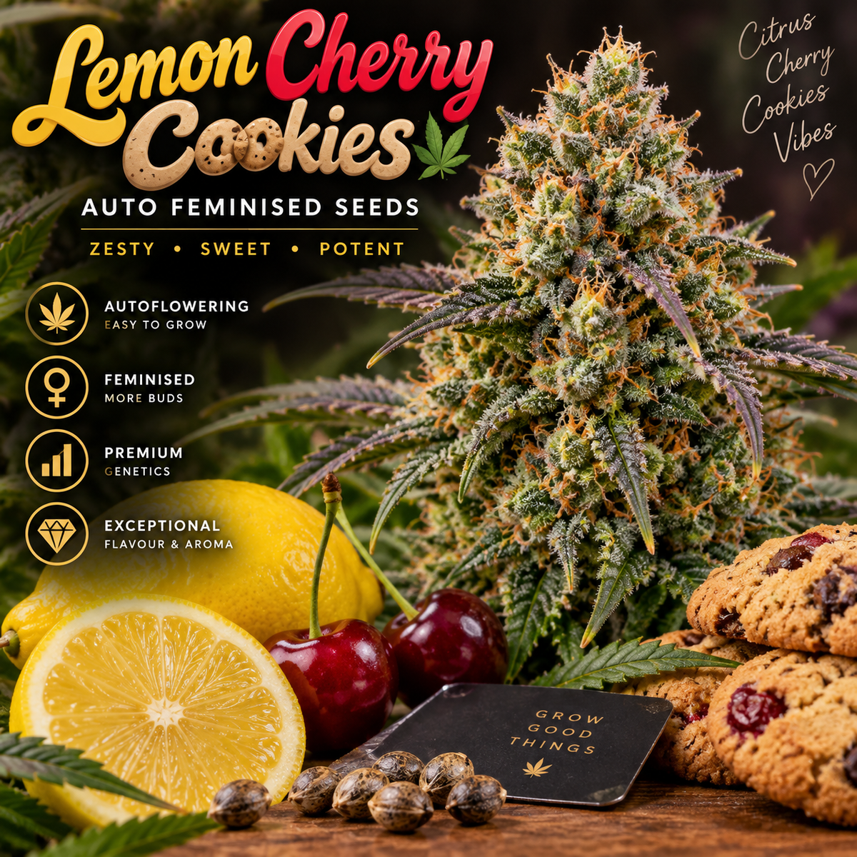 Lemon Cherry Cookies Auto Feminised Seeds promotional image featuring a frosty cannabis flower surrounded by fresh lemons, red cherries, cookies and cannabis seeds.