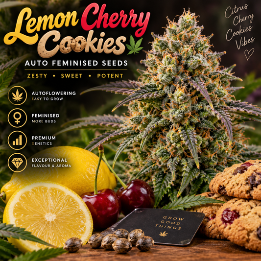 Lemon Cherry Cookies Auto Feminised Seeds promotional image featuring a frosty cannabis flower surrounded by fresh lemons, red cherries, cookies and cannabis seeds.