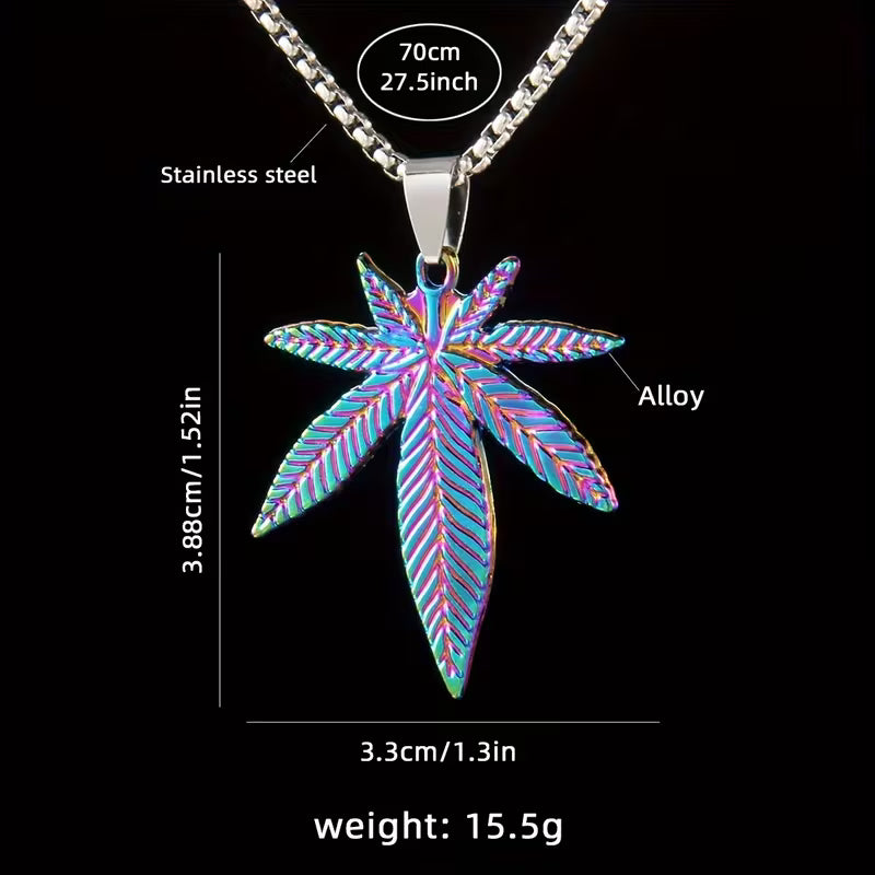 Rainbow cannabis leaf pendant necklace with iridescent finish on stainless steel chain