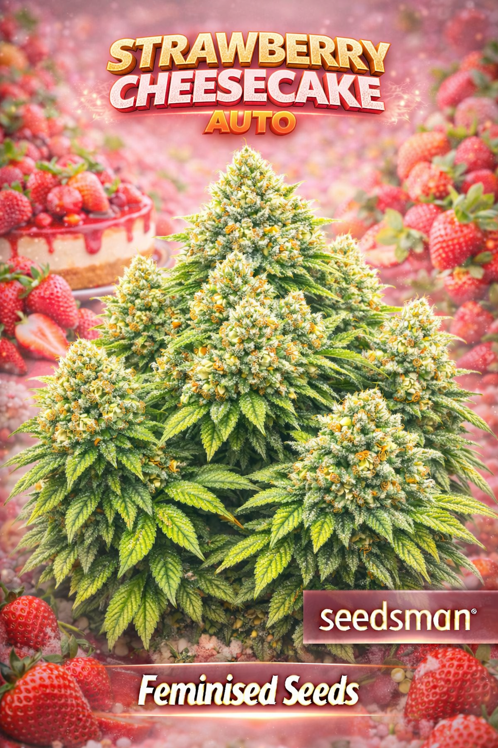 Hyper-realistic Strawberry Cheesecake Auto Feminised cannabis plant with a wide, layered pyramid structure, bright vivid green foliage, heavy multi-site bud formation, frosty trichomes, strawberry dessert background, and “Strawberry Cheesecake Auto – Feminised Seeds – Seedsman” branding.