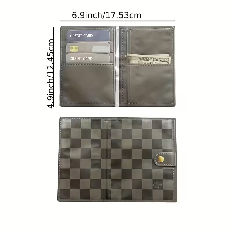 Gray wallet with card slots and checkered design on a white background
