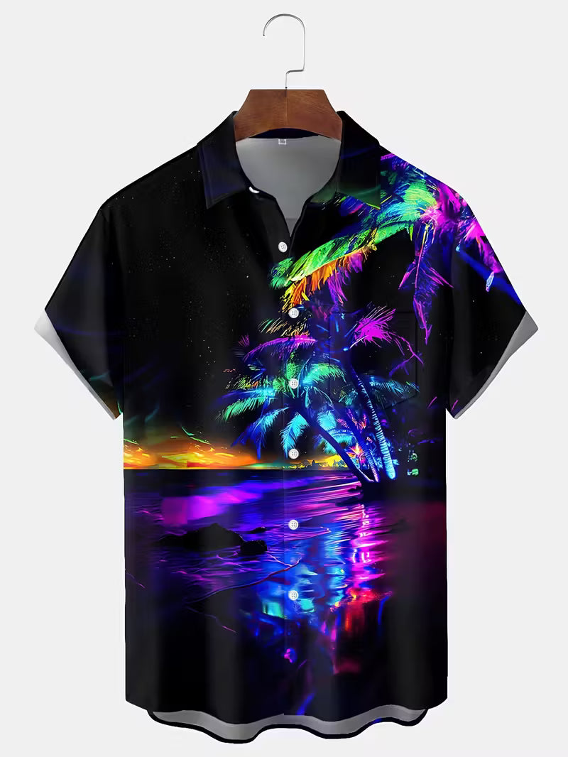Neon palm tree sunset shirt with psychedelic tropical night beach design image 2