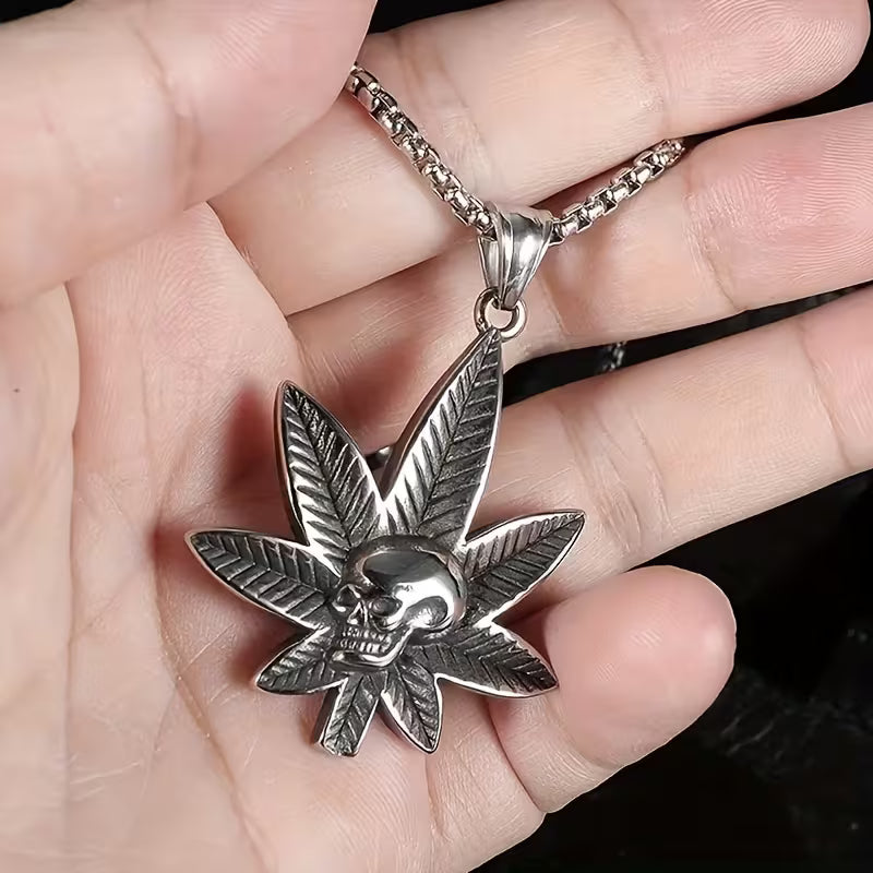 Silver cannabis leaf skull pendant necklace with engraved leaf detailing