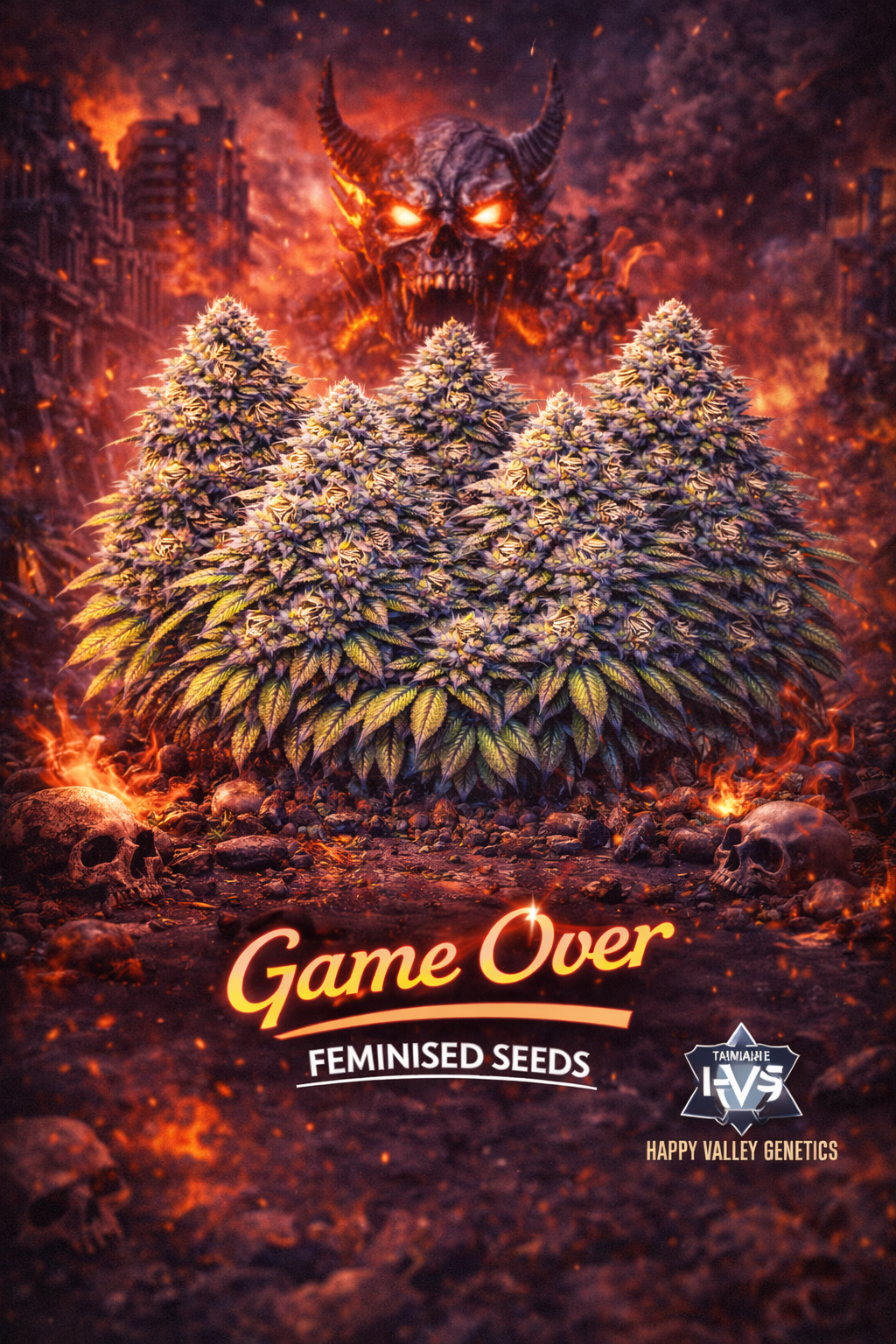 A realistic Game Over cannabis plant cluster set in a fiery, apocalyptic scene with a giant demonic skull in the background, with the strain name and Happy Valley Genetics logo visible.