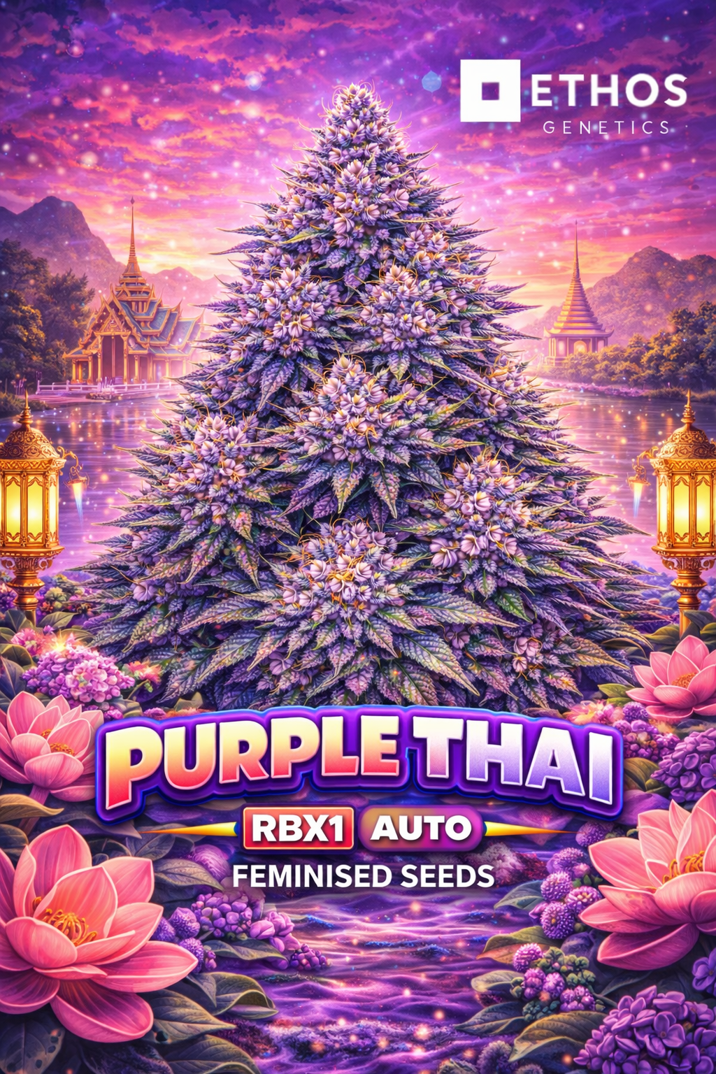Promotional artwork for Purple Thai RBX1 Auto Feminised Seeds by Ethos Genetics, featuring a uniquely shaped cannabis plant silhouette with frosty purple tones set in a stylised Thai-inspired scene with temples, lotus flowers and lanterns, against a glowing sunset sky, with bold strain text and the Ethos Genetics logo displayed.