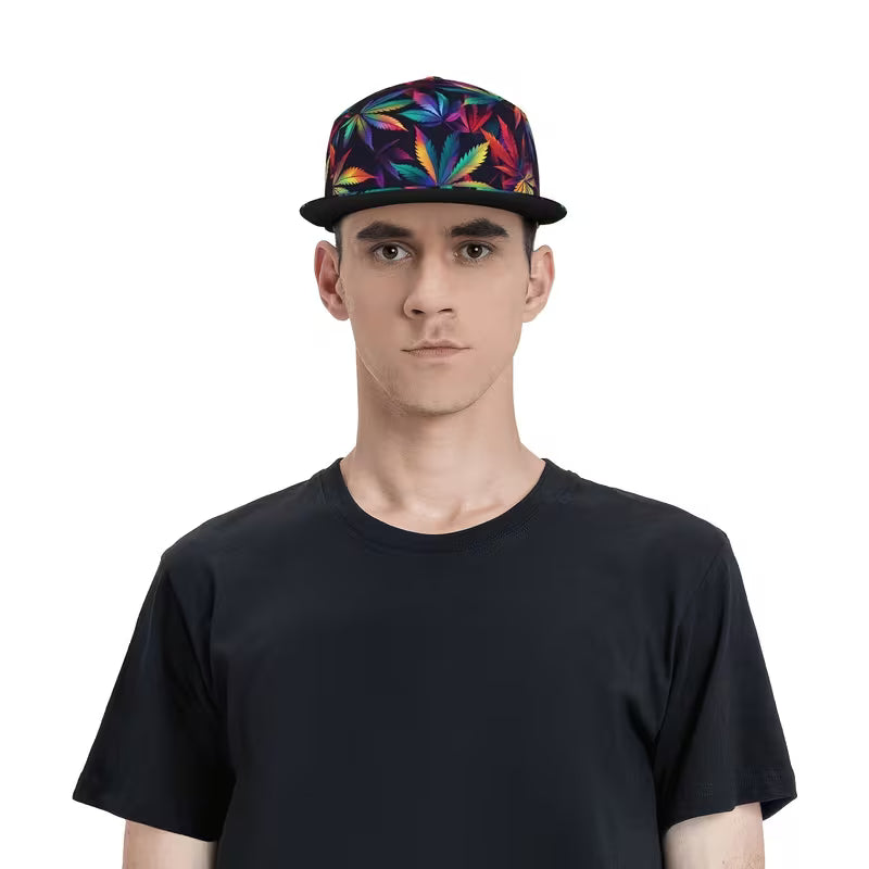 man with hat Rainbow cannabis leaf snapback cap with psychedelic weed pattern flat peak hat