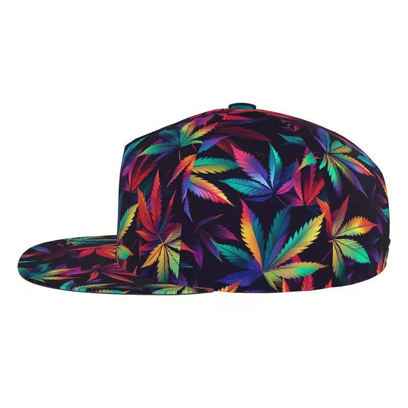 image 3 Rainbow cannabis leaf snapback cap with psychedelic weed pattern flat peak hat