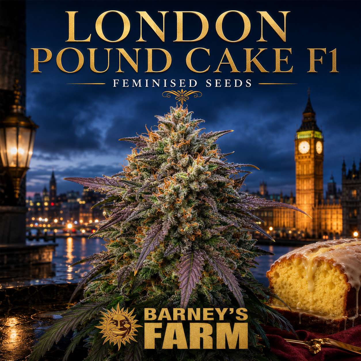 Promotional graphic for 'London Pound Cake F1 Feminised Seeds' by Barney's Farm, featuring a large cannabis plant in the foreground with a slice of pound cake on the right and London landmarks including Big Ben in the background.