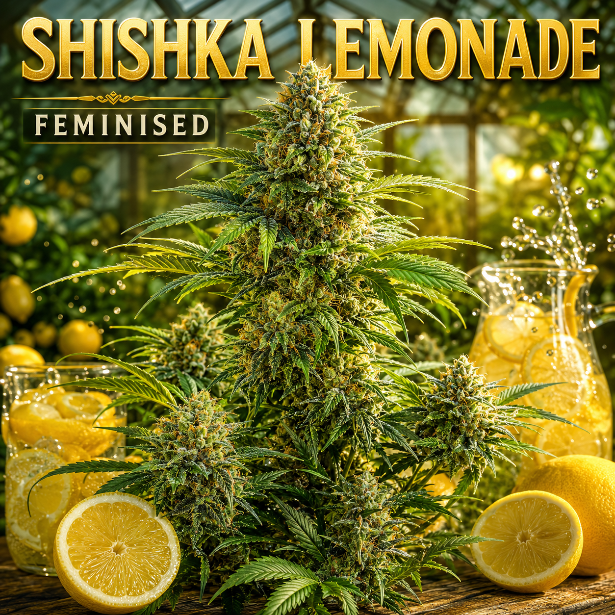 A large cannabis bud cluster styled with lemon props, including sliced lemons, a glass pitcher of lemonade, and the text 'SHISHKA LEMONADE' and 'FEMINISED' at the top. The scene is set in a sunlit greenhouse-like environment.