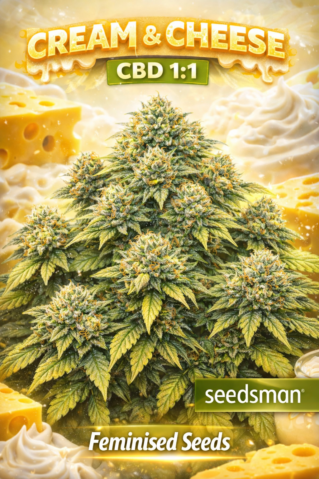 Hyper-realistic Cream & Cheese CBD 1:1 Feminised cannabis plant with multiple thick branching arms, dense frosty buds across every branch, creamy yellow background with cheese elements, and “Cream & Cheese CBD 1:1 – Feminised Seeds – Seedsman” branding.