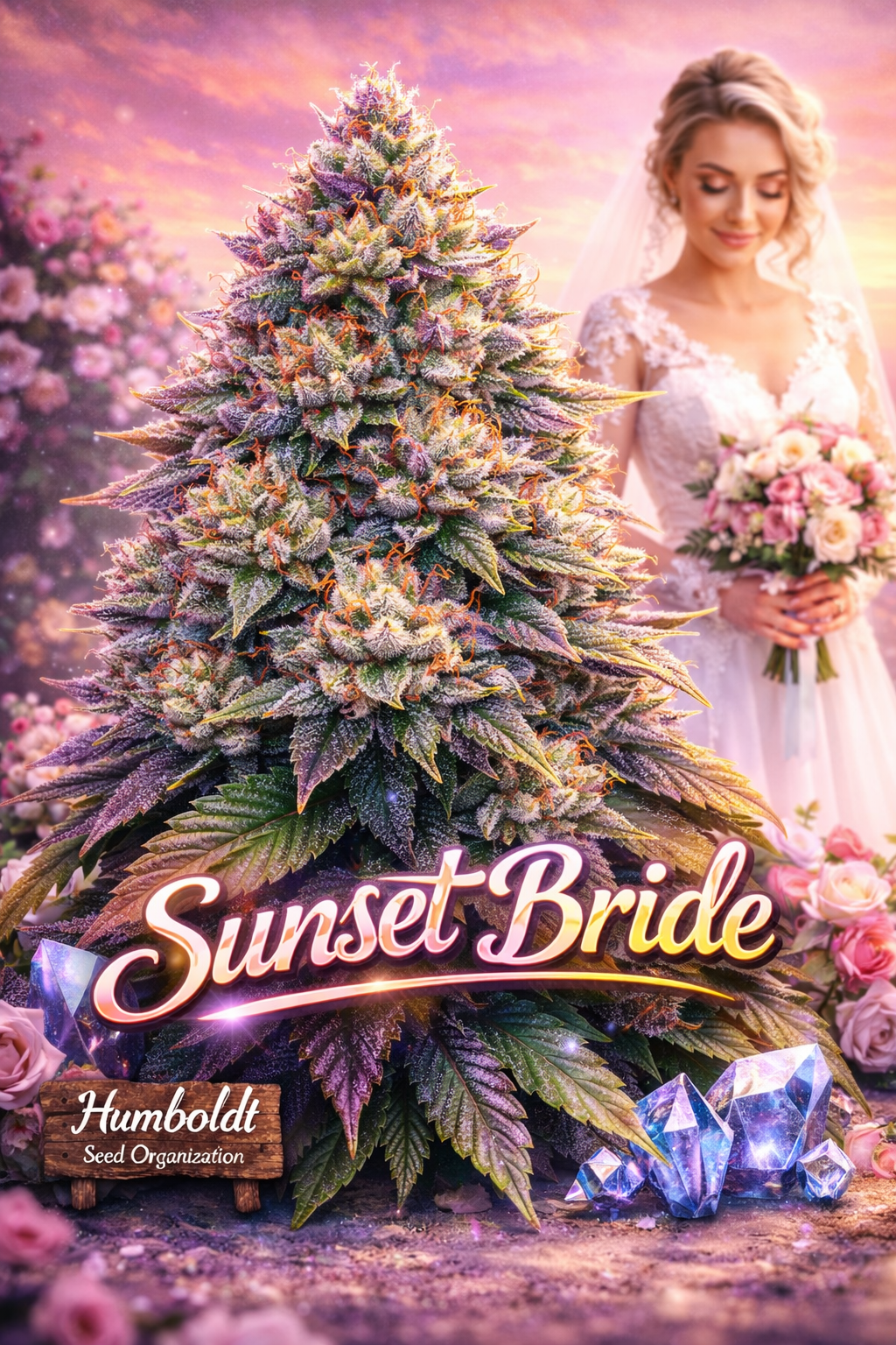 Hyper-realistic Sunset Bride Feminised Seeds artwork for Humboldt Seed Organization, featuring a dense frosty cannabis plant with pink–purple sunset lighting, a bride in a white lace wedding dress holding a bouquet, floral accents, and elegant strain name typography.
