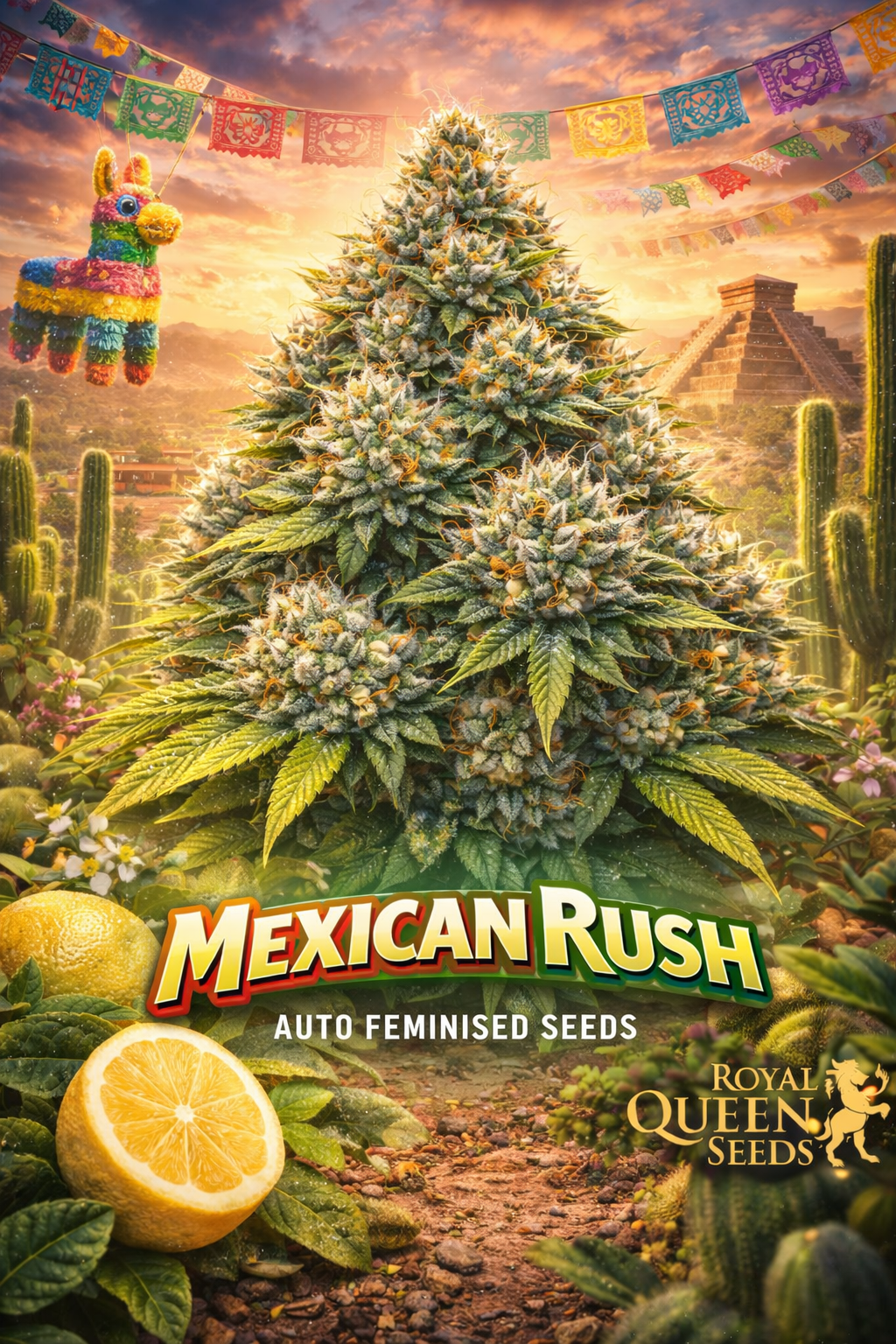 Mexican Rush Auto Feminised Seeds – Royal Queen Seeds — hyper-realistic cannabis plant with dense frosty buds and bright orange pistils, set against a vibrant Mexican desert-festival theme with papel picado banners, warm sunset light and subtle desert cacti; bold red Mexican Rush text at the bottom with the Royal Queen Seeds gold lion logo; no repeated props or cultivation imagery.