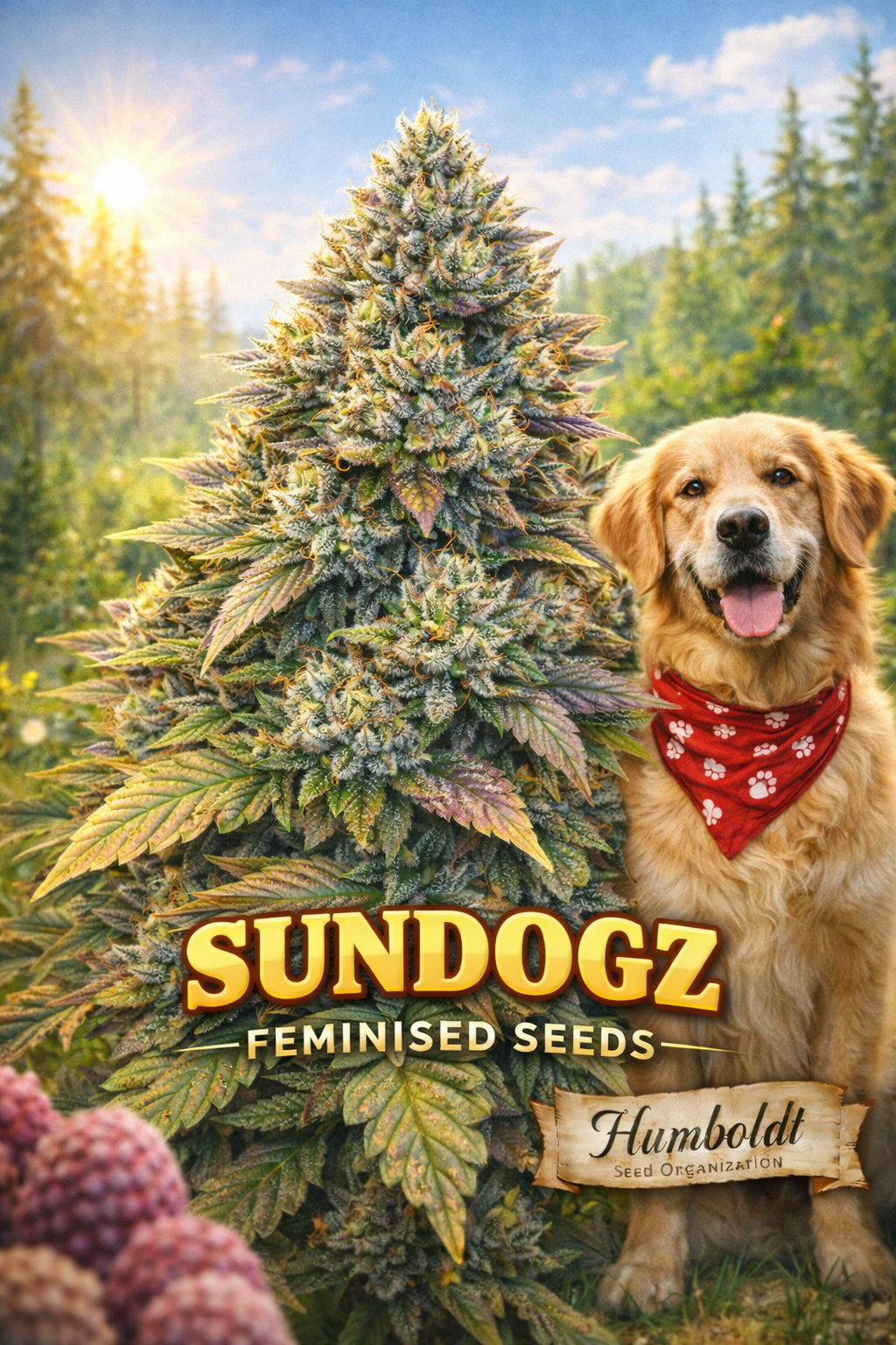 “Hyper-realistic SundogZ cannabis plant artwork with dense frosty buds in a bright summer forest setting, featuring a happy golden retriever wearing a red bandana beside the plant, with ‘SundogZ Feminised Seeds’ text and Humboldt Seed Organization logo at bottom