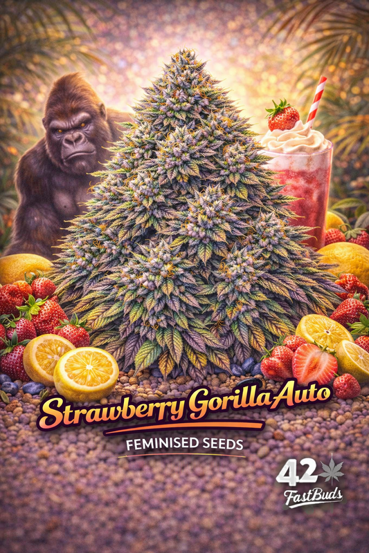 A frosty Strawberry Gorilla Auto cannabis plant with red berry accents and the Fast Buds logo clearly visible.
