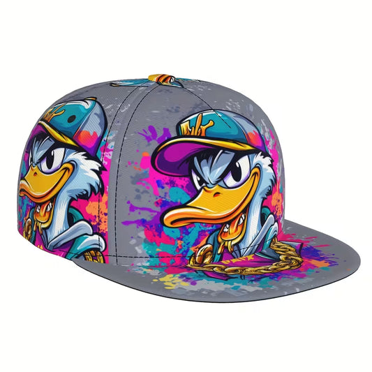 Graffiti-style cartoon duck snapback cap with colourful street art design and flat brim