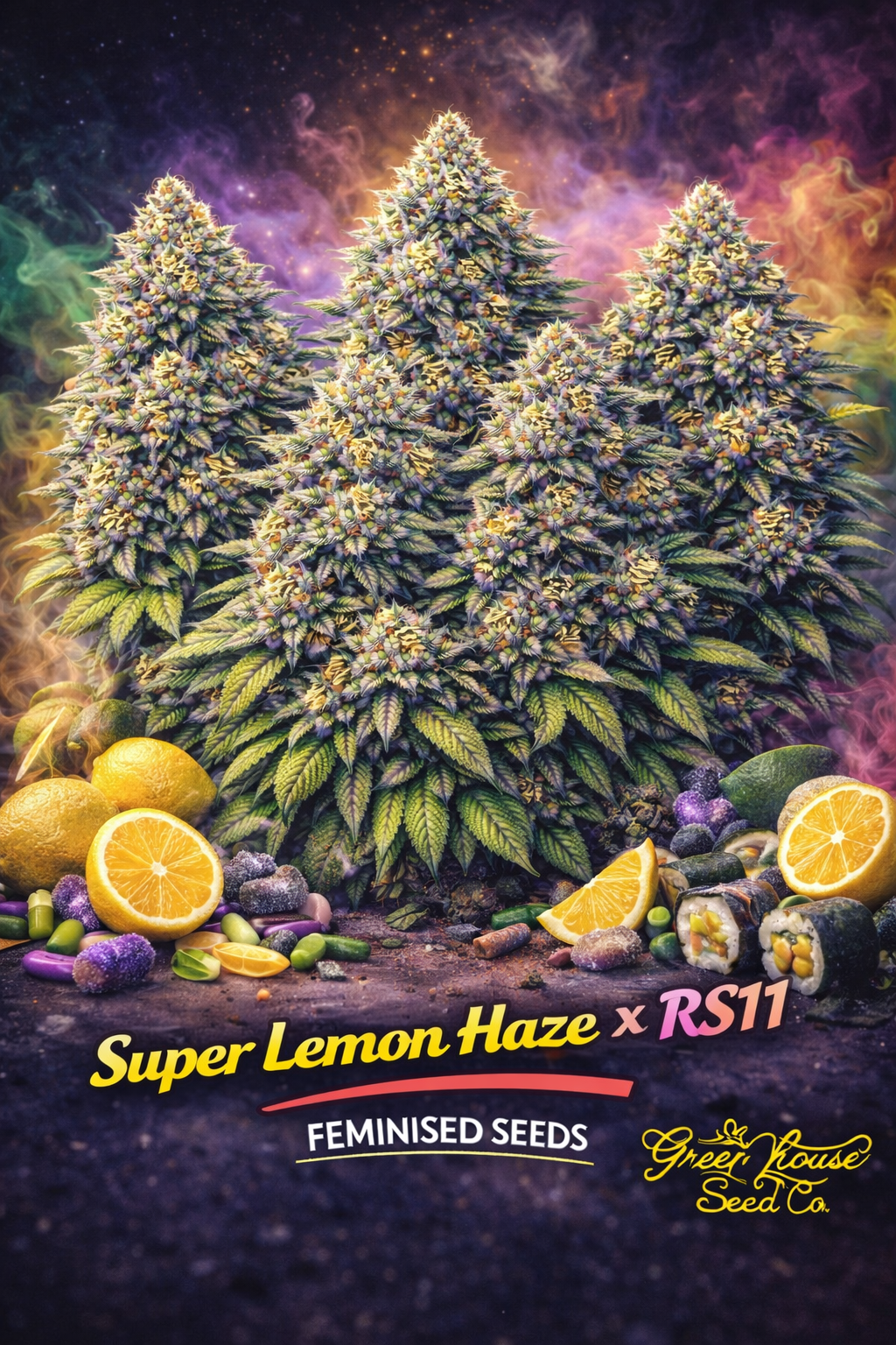 A realistic Super Lemon Haze x RS11 cannabis plant cluster with lemons, sweets, and colourful haze in the background, with the strain name and Greenhouse Seed Co. logo visible.