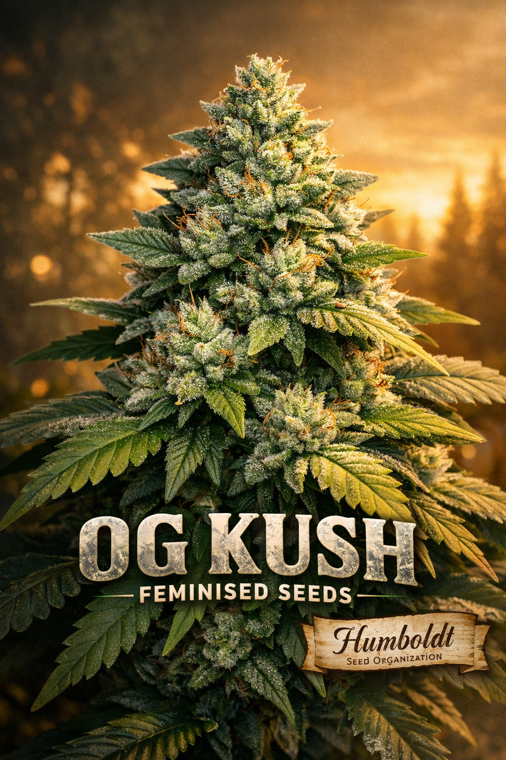 Hyper-realistic OG Kush cannabis plant artwork with dense frosty buds, rich green fan leaves, warm sunset background, strain name ‘OG KUSH Feminised Seeds’ and Humboldt Seed Organization logo displayed at bottom.