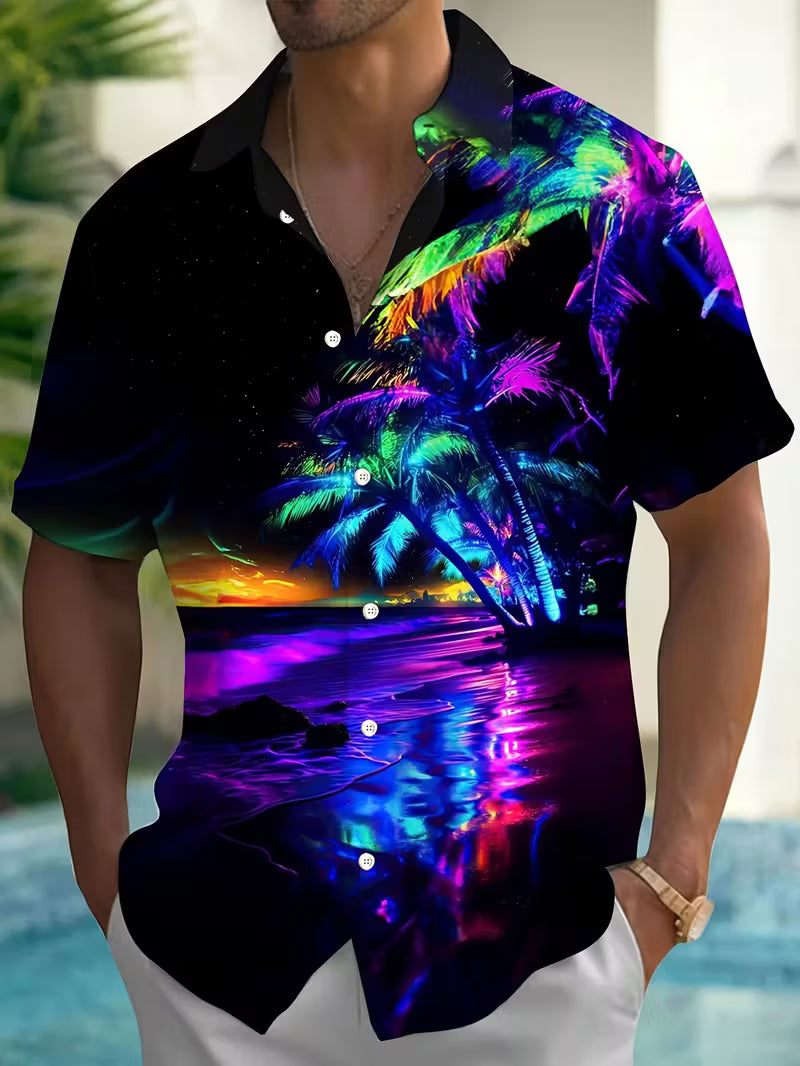 Neon palm tree sunset shirt with psychedelic tropical night beach design img 1