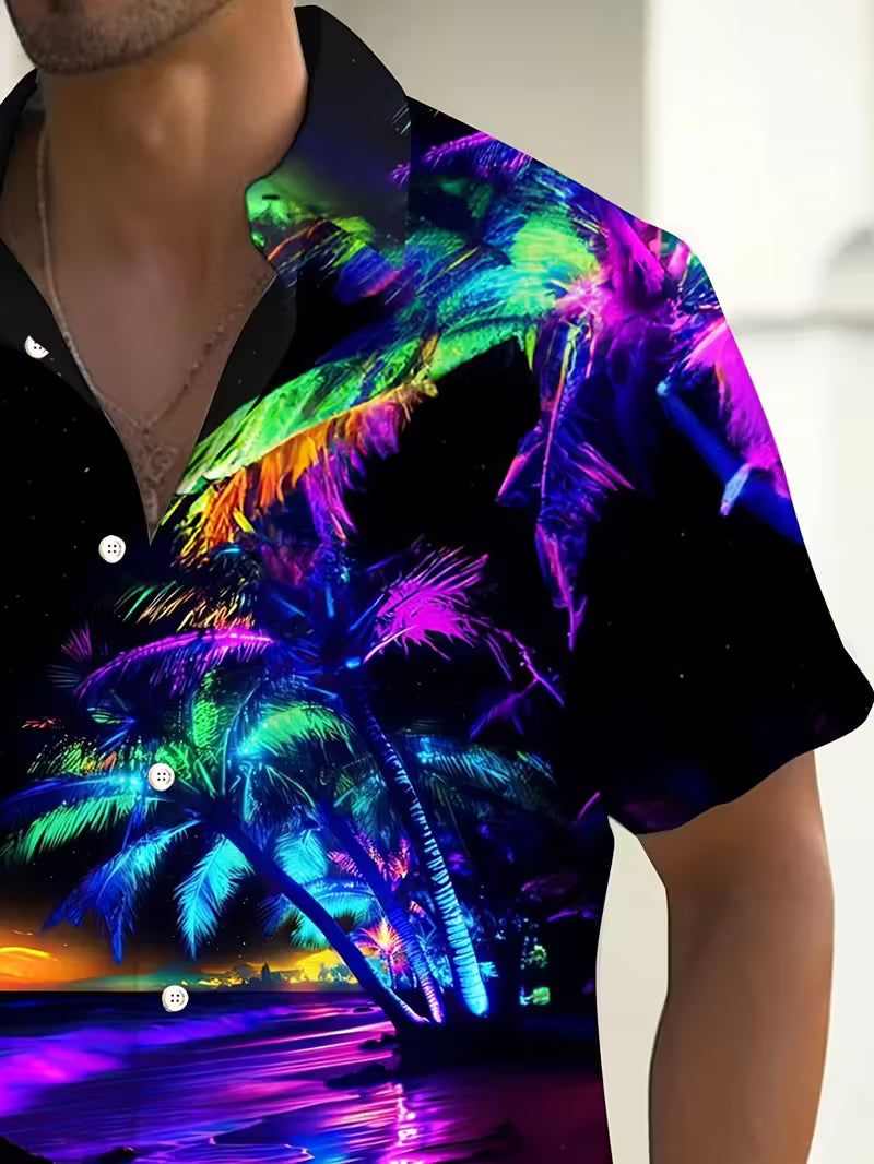 Neon palm tree sunset shirt with psychedelic tropical night beach design picture 3