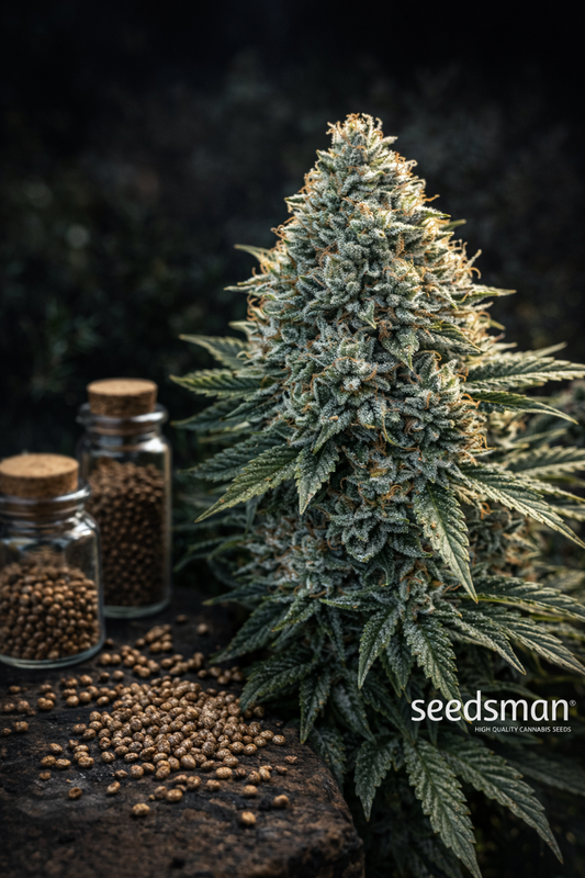 Doctor Seedsman CBD 30:1 feminised cannabis plant by Seedsman, photographed from a low angle against a dark background with glass seed jars, presented as a UK collectable genetic reference image.