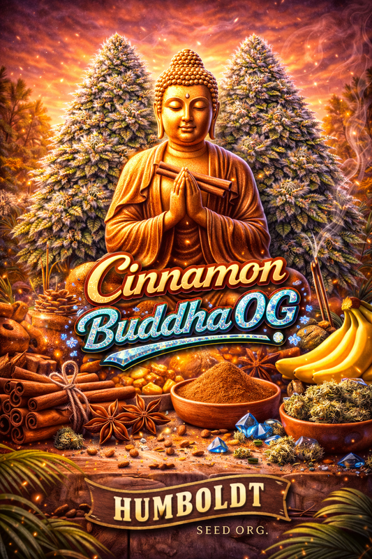 Hyper-realistic promotional artwork for Cinnamon Buddha OG Feminised Seeds by Humboldt Seed Org., featuring two dense frosty cannabis plants in a warm golden forest setting, with a serene golden Buddha statue holding cinnamon sticks, surrounded by cinnamon powder, star anise, incense smoke, bananas, blue gemstones, bold strain text, and the Humboldt Seed Org. logo on a wooden plaque.