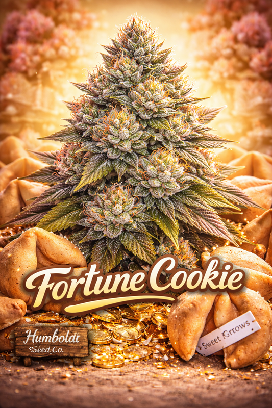 Hyper-realistic Fortune Cookie Feminised Seeds artwork by Humboldt Seed Co., featuring a frosty cannabis plant with green, purple, and orange tones surrounded by golden fortune cookies, gold coins, and warm glowing lighting, with bold strain name typography.