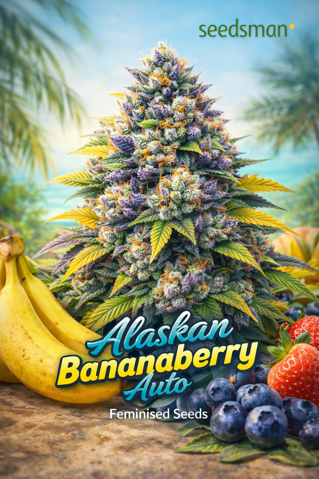 alaskan bananaberry auto cannabis plant with frosty colorful buds in a cold blue arctic-themed background accented by subtle banana and berry cues with the seedsman logo