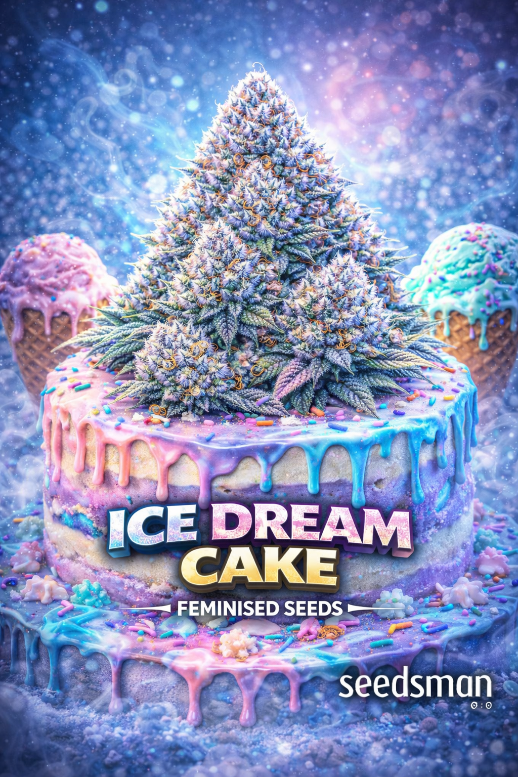 Hyper-realistic promotional image of a large frosty Ice Dream Cake cannabis bud with icy blue, purple, and pastel tones, sitting on top of a melting rainbow ice cream cake covered in sprinkles and glaze. Two colourful dripping ice cream cones frame the scene. Bold “Ice Dream Cake Feminised Seeds” text appears at the bottom with the Seedsman logo.