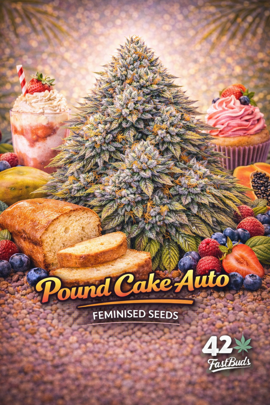 A frosty Pound Cake Auto cannabis plant with dessert-themed elements like pound cake and berries, with the strain name and Fast Buds logo clearly shown.